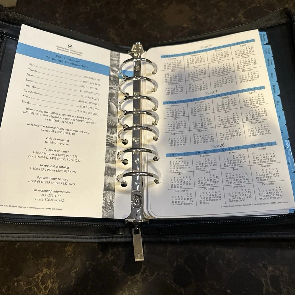 VINTAGE 2004 Franklin Covey 7 Ring Binder Planner Black Leather Zippered 10 X 8